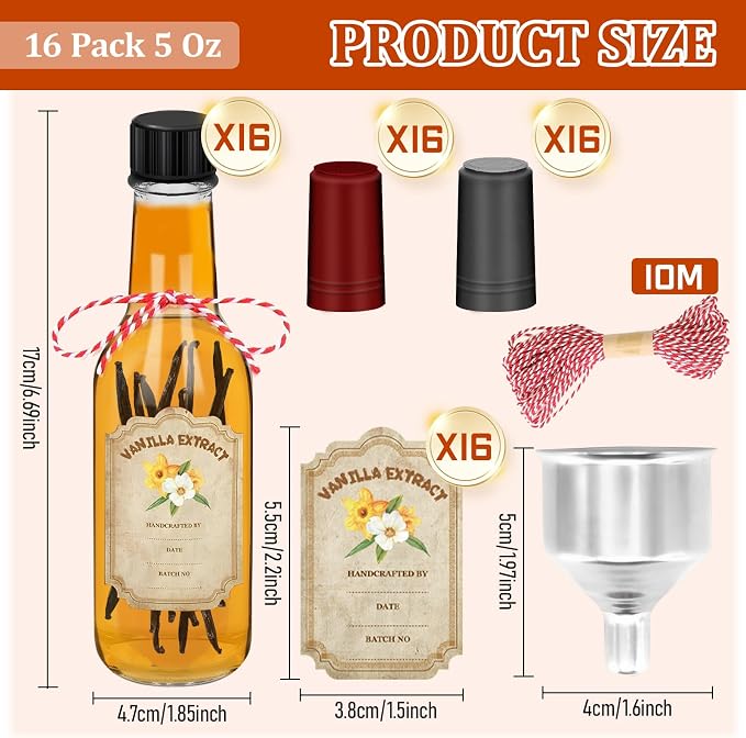 16 Pack 5 oz Glass Vanilla Extract Bottles with Lids, Labels, Shrink Bands & Funnel – Ideal for Syrup, Essential Oils, and Homemade Extract Gifting
