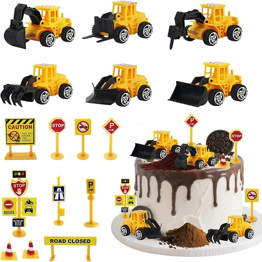 Mini Construction Vehicles Cake Topper 16pcs Truck Excavator Traffic Road Sign Cake Cupcake Topper Construction Truck Vehicles Toy Cake Decoration for Engineering Transportation Theme Party