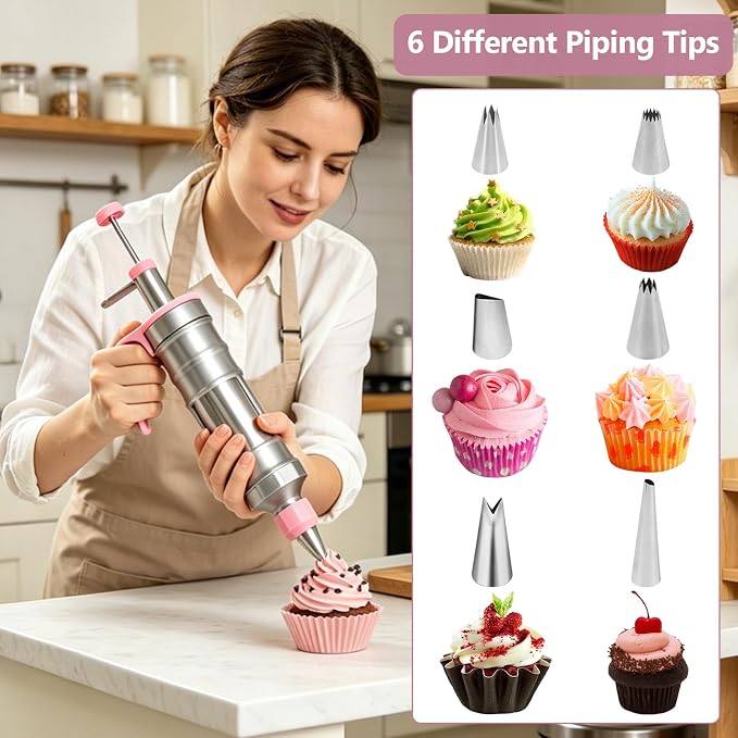 Dessert Decorating Syringe Set, Stainless Steel Frosting Piping Kit with 2 Tip Couplers & 6 Decorating Piping Tips Icing Piping Kit Cupcake Decorating Kit Cake Decorating Tools (Pink)