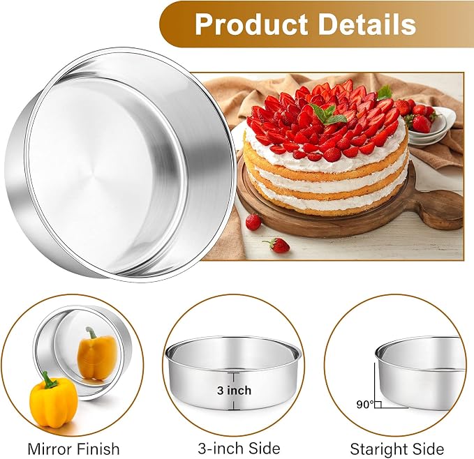 P&P CHEF 8 Inch Cake Pans Set, Round Baking Pan Stainless Steel Layer Birthday Wedding Cake Oven Pans, Non Toxic & Heavy Duty, Deep Side & Mirror Finish, Dishwasher Safe, (3Pcs)