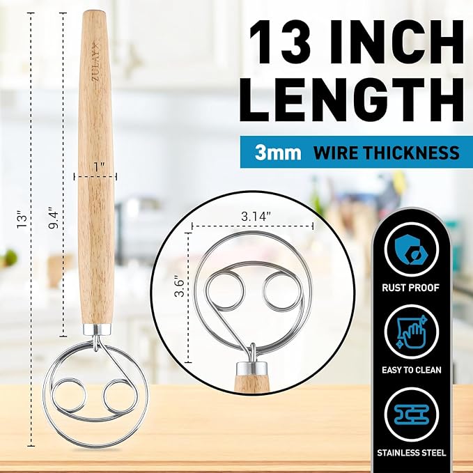 Zulay Kitchen Double-Eye 13" Danish Dough Whisk - Durable Easy Mixing Bread Whisk, Stainless Steel Danish Dough Hook, Sourdough Whisk For Mixing, Traditional Dutch Whisk, Dough Mixer Tool - Acacia