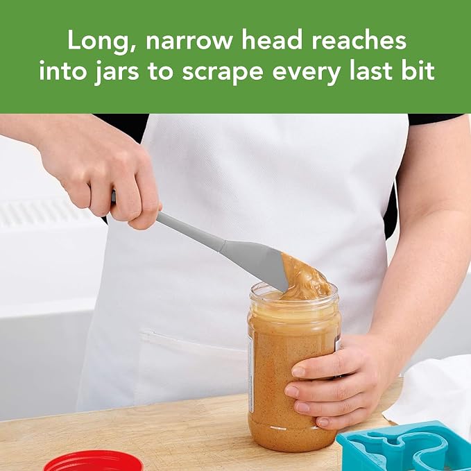 Tovolo Silicone Jar Spatula Long Handled Rubber Scraping Scooping Tool for Peanut Butter Jam Jelly Jars Blenders, Extra Long Flex Core Silicone Jar Scraper Dishwasher Safe BPA Free, Oyster Gray
