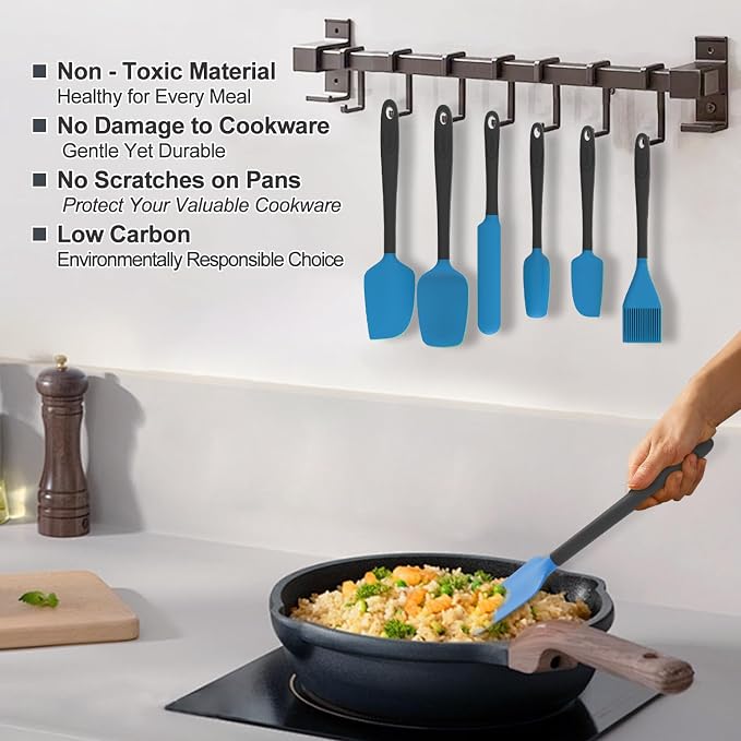 Silicone Spatula Set, 6 Pieces Food Grade Kitchen Utensils with Silicone Brush Heat Resistant Dishwasher Safe BPA-free Rubber Spatula for Scraping, Baking, Cooking, Mixing (Blue)