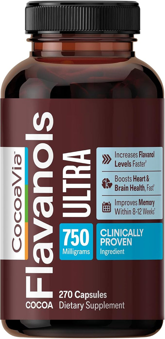CocoaVia Ultra 750mg Cocoa Flavanols – Heart & Brain Support, Memory & Blood Circulation Booster, High Flavanol Cocoa for Nitric Oxide, Energy & Oxygen Boost, Vegan, Gluten-Free, 90-Day Supply