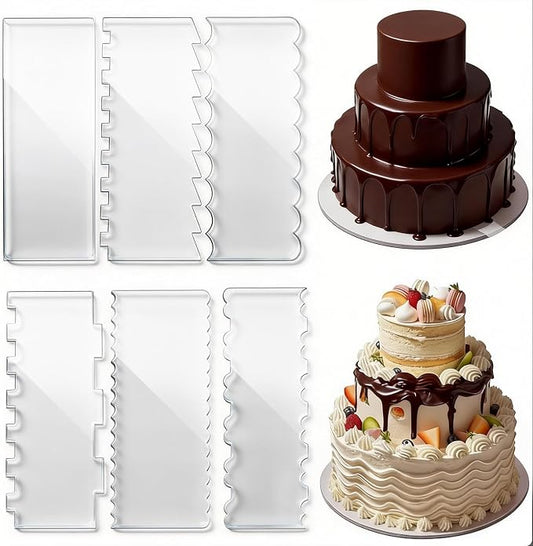 6PCS Clear Acrylic Cake Scraper Smoother Set, Dual-Edge Icing Scraper Cake Smoother with 12 Patterns, Buttercream Frosting Cake Decorating Tools