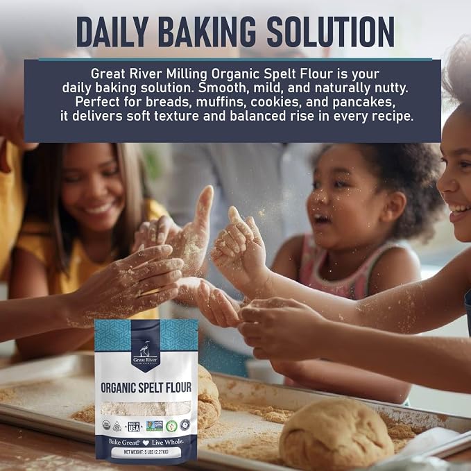 Great River Milling Organic Spelt Flour | Whole Grain Ancient Wheat Flour | USDA Organic, Non-GMO, Kosher | High Fiber, Mild Flavor | Ideal for Baking Breads, Muffins, Cookies & More | 5 Lb