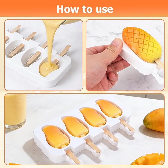 Juome 2Pack Mango Shape Silicone Popsicle Molds - 4 Cavity 3D Mango Ice Cream Molds with 50 Wooden Sticks for Ice Pop, Cake Pop, Cakesicles, Fruit Pudding