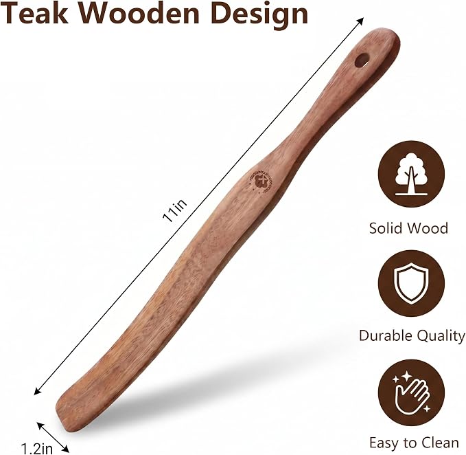 1 Pack Long Teak Wood Spurtle – Sourdough Starter, Jar Bottom Scraper & Long Handle Dough Whisk, Moisture-Resistant Kitchen Tool for Baking and Non-Stick Safe Cookware