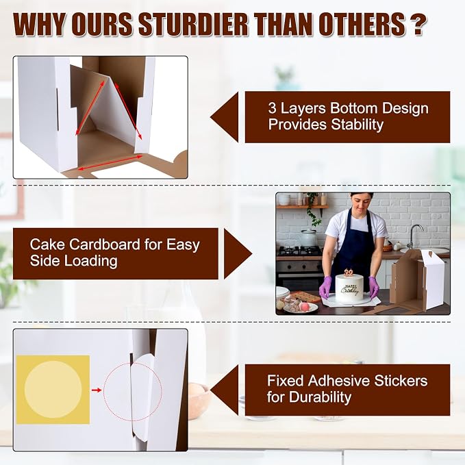 KintKita Tall Cake Boxes 12x12x14 IN,6 Pack Tier Cake Carrier with Cake Boards,Disposable Tiered Cake Carrier with 4 windows for Wedding,Birthday,Party,Bakery Supplies