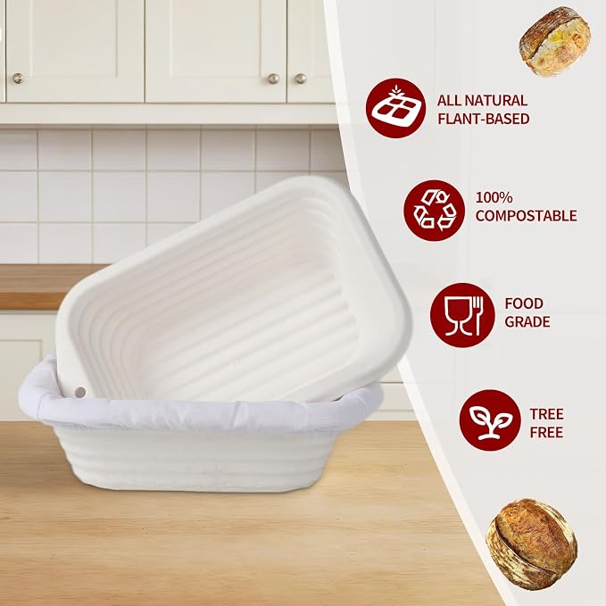 2-Pack Rectangular Bread Proofing Basket Set, 8 Inch Pulp Banneton with Liner, Sourdough Bread Baking Supplies for Professional & Home Bakers