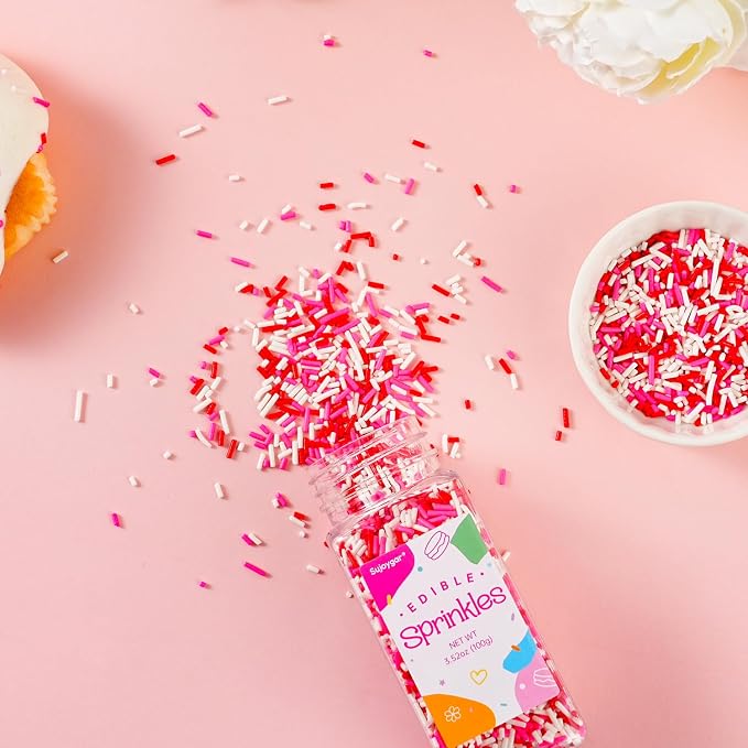 Red Pink and White Sprinkles, 100g Valentines Jimmies Sprinkles for Cupcake Toppers Cake Decorating Cookies Baking Dessert for Valentines Girls Pink Party Food Decorations