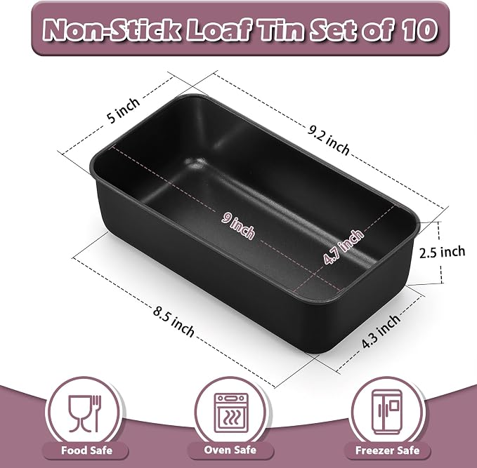 P&P CHEF Loaf Pan Set, 9 x 5 Inch Bread Pans, Stainless Steel Loaf Toast Baking Pans For Bread Meatloaf Lasagna Cake, Healthy & Non Toxic, Oven Safe& Easy Clean, (Black, 10Pcs)