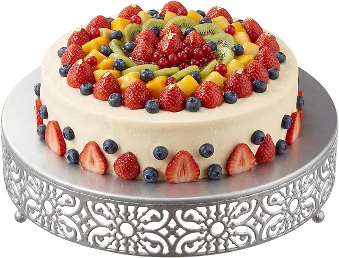 Wenqik 14 Inch Cake Stand Round Metal Cupcake Dessert Wedding Cake Stand Cookies Display Holder Fruit Food Serving Tray for Table Wedding Birthday Anniversary Party Decor (Silver)