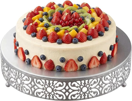 Wenqik 14 Inch Cake Stand Round Metal Cupcake Dessert Wedding Cake Stand Cookies Display Holder Fruit Food Serving Tray for Table Wedding Birthday Anniversary Party Decor (Silver)