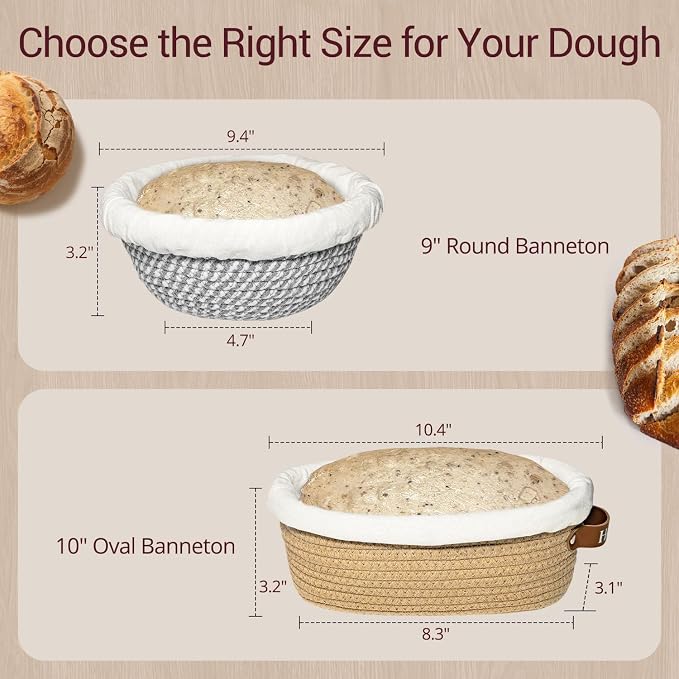 Banneton Bread Proofing Basket Sourdough Basket Cotton Rope Bread Baskets | Howasai Sourdough Proofing Basket, 9''Round & 10''Oval Banneton Baskets With Liners & Covers, Cotton Rope Bread Baskets