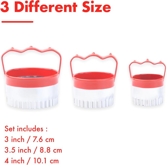 3 Pcs Fluted Round Biscuit Cutters with Handle 3" 3.5" 4", Scalloped Biscuit Cookie Cutter Set, 0.4mm Stainless Steel, 2-Inch Deep Design