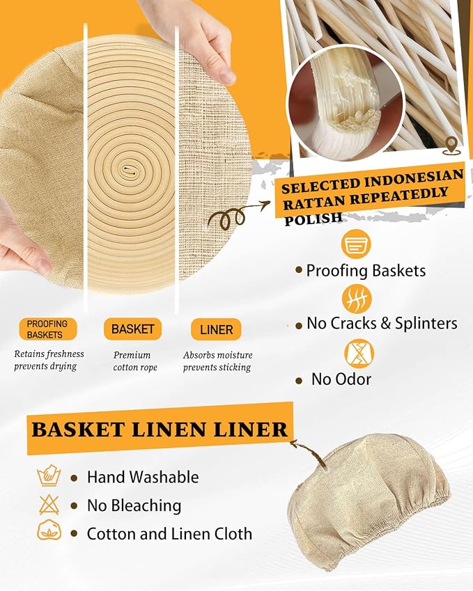 Banneton Bread Proofing Basket, Proofing Basket for Sourdough Bread Baking, Indonesian Rattan Bread Bowl Sourdough Bread Baking Supplies with Linen Liner (7" Round Basket x 2)