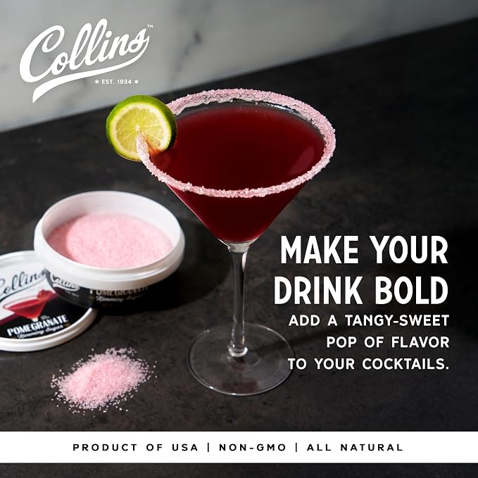 Collins Pomegranate Rimming Sugar, Bright & Tangy Cocktail Sugar Rim with Vibrant Ruby Hue, Grenadine Flavored Garnish for Martinis, Margaritas, Cosmos & Mocktails, 4 oz