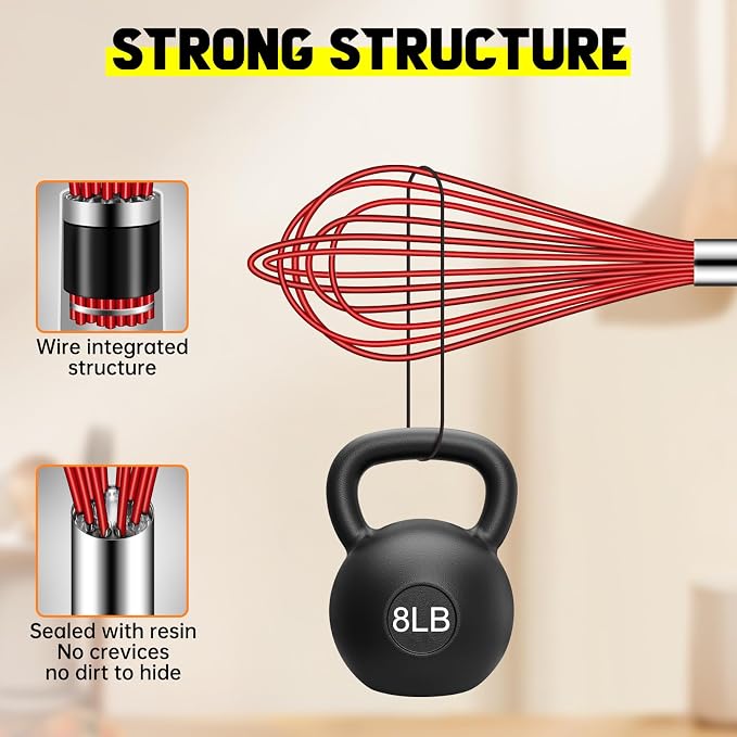 HOTEC 4 Pieces Silicone Whisks Set, Wire Balloon Whisks for cooking Egg Beater, Non-slip Handle Whisk for Non-stick Cookware Perfect for Cooking, Stirring, Beating and Blending,Red