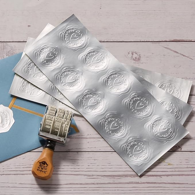 300 Pieces Embossed Gold Foil Stickers, Silvery Heart-Love | For Envelopes, Wedding Invitations, Christmas Greeting Cards