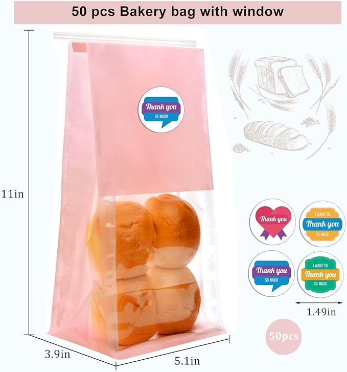 50 Pack Bakery Bags with Window - Reusable Cookie Bags With Seal Can Stand Upright Cookie Packaging Bag With Tin Tie Tab Lock Kraft Paper Bread Bags For Pastry,Donuts,Popcorns,Snacks