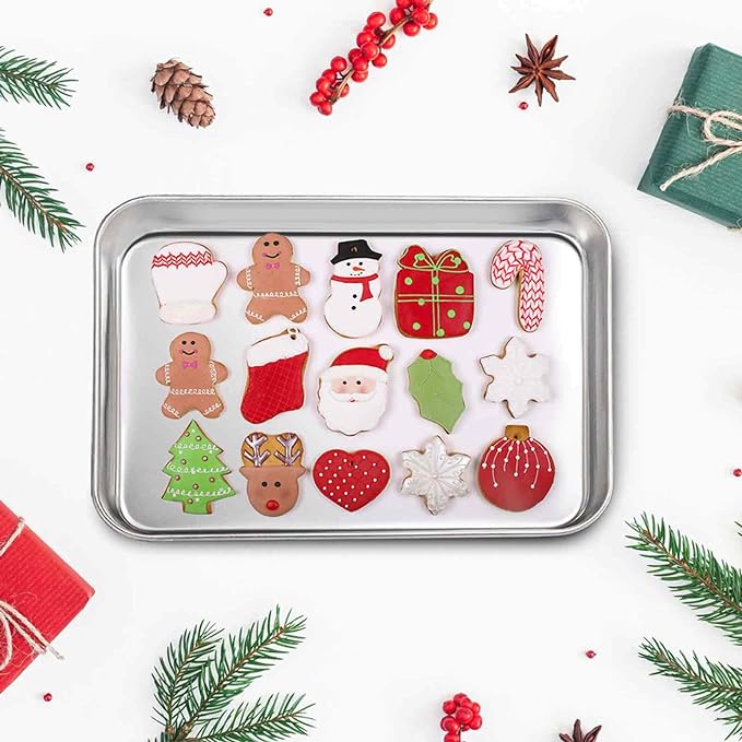 TeamFar Toaster Oven Pans Set of 4, Stainless Steel Compact 10.5 x 8 x 1 Inch Baking Roasting Pan Professional, Healthy &Heavy Duty, Easy Clean & Dishwasher Safe, Deep Edge & Mirror Surface