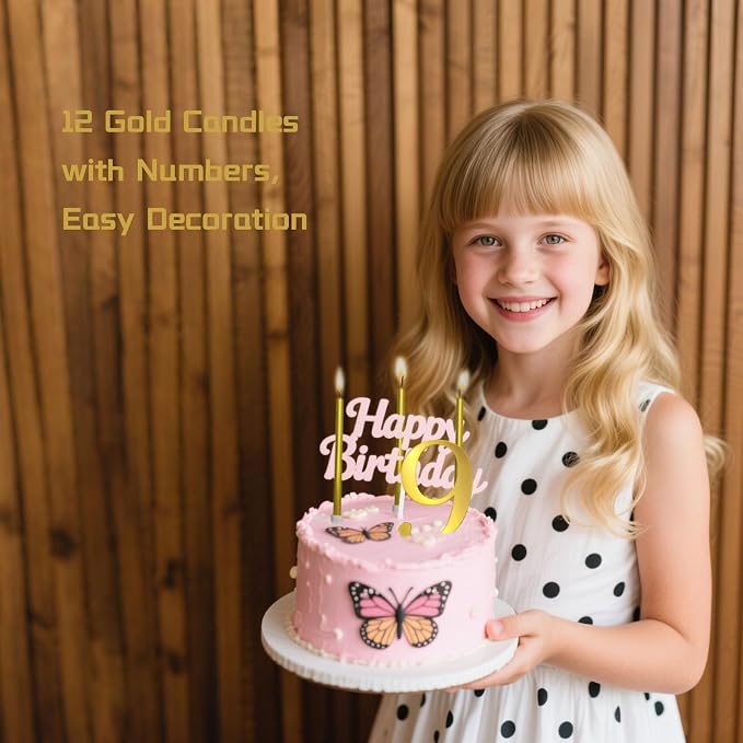 3.7IN Gold Acrylic Number 6/9 Cake Topper with 12 Gold Long Candles - Perfect for 6th and 9th Birthday Party Supplies, Ideal for Cake Decoration