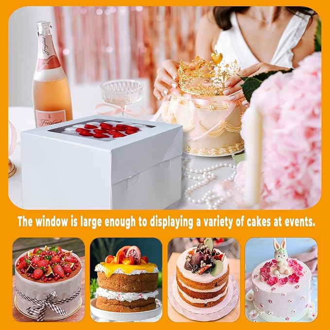 8x8x8 Inches Cake Boxes with Cake Boards, 3 Pack Premium Tall Cheesecake Boxes with Display Window for Christmas, Birthday, Wedding