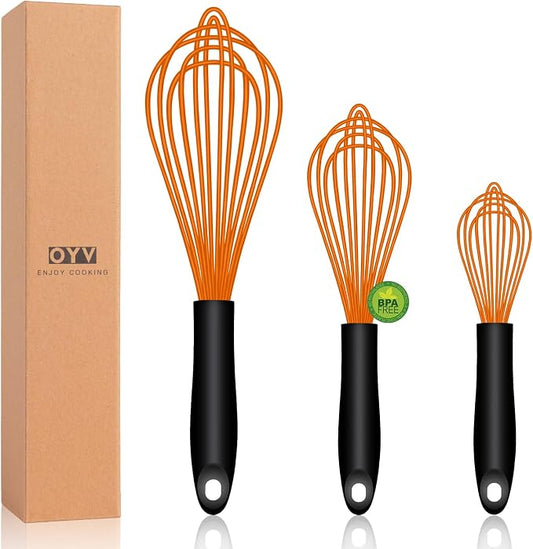 OYV Dishwasher Safe Orange Silicone Whisk, Sealed Waterproof Design Set of 3, Professional Kitchen Whisks for Cooking Non-Scratch, Silicone&Stainless Steel Whisk, Heat Resistant Plastic wisk, BPA free