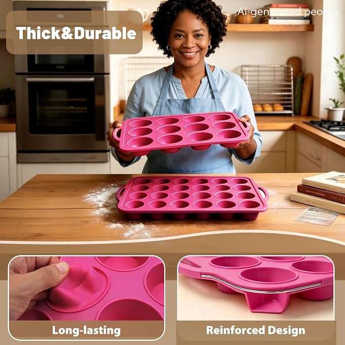 Silicone Muffin Pan Set: Non Stick 12 & 24 Silicone Muffin Pans for Baking Easy Release - Complete Shaping Each Use Avoid Re‑baking - BPA-free Cupcake Tin Reinforced Frame for Oven Home Bakers