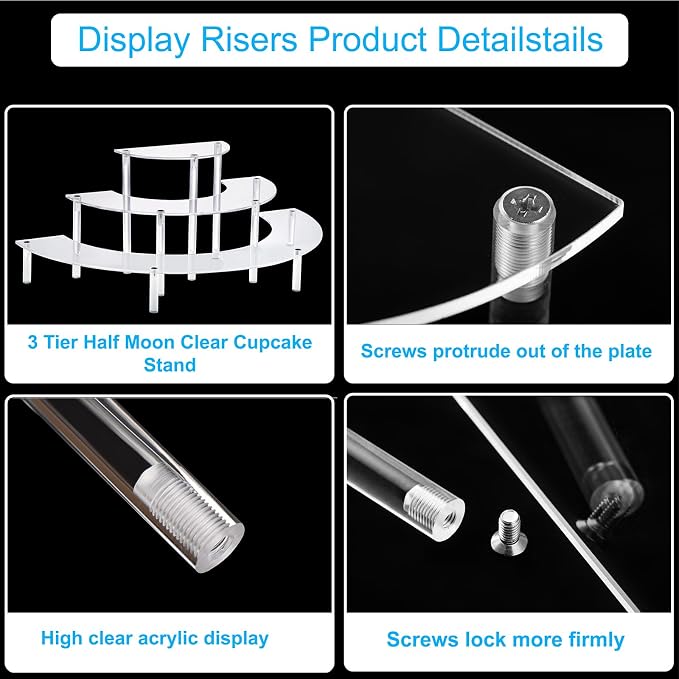 HENABLE Acrylic Display Risers, 3 Tier Clear Cupcake Perfume Stand Organizer, Half Moon Dessert Stand for Display, Food, Amiibo Funko POP Figure (2half