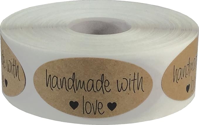 Brown Kraft with Black Handmade with Love Oval Stickers, 2 x 1 Inch in Size, 500 Labels on a Roll
