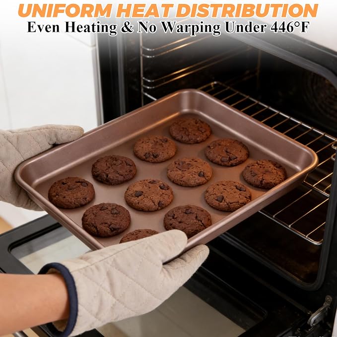 SHUESS 4 Pcs Baking Sheet, 11 X 9 Inch Non Stick Cookie Sheets for Baking, Heavy Duty Carbon Steel Small Cookie Sheets, Golden Jelly Roll Pan, Quarter Sheet Pan, Baking Trays for Oven, Air Fryer