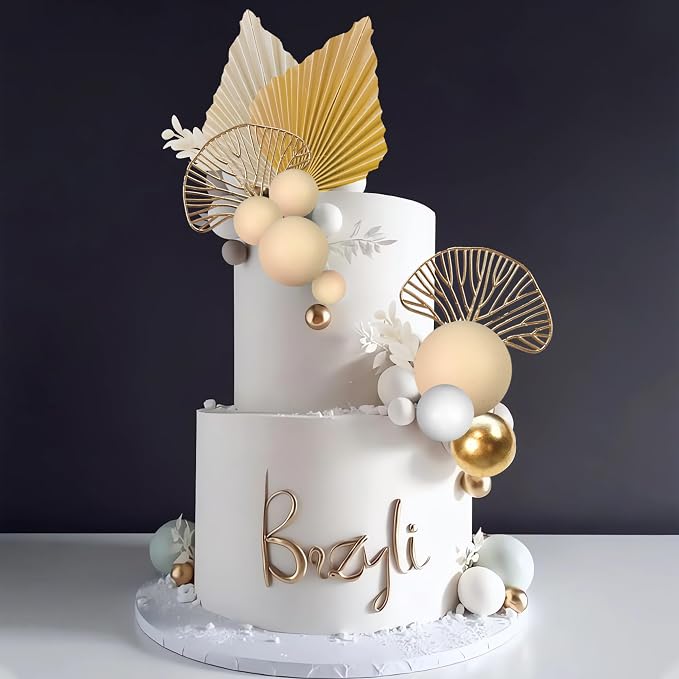 Boho Cake Topper Golden Ginkgo Leaves Cake Decorations for Wedding Birthday (Khaki)