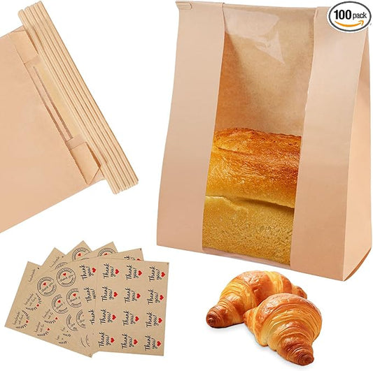 50 Pcs Bread Bags with Window Bread Bags for Homemade Bread Sourdough with Metal Tin Strip and Cute Seal Stickers Bakery Food Packaging Storage Cookie Bag Bread Gift Giving（14 x 8.3 x 3.3 In）