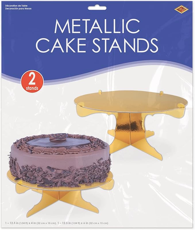 Beistle Metallic Cardstock Cake Stands 2 Piece Birthday Party Supplies Wedding Anniversary Celebration Dessert Platters, 4" & 6" x 12.5", Gold
