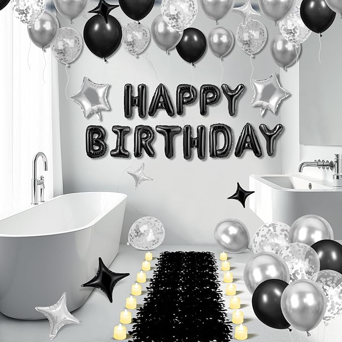 Black Happy Birthday Balloons Decorations Silver and Black Birthday Balloon Letters Banner with 6 Pcs Star Balloons 1000 Artificial Rose Petals 24 Flameless LED Candles for Room Birthday Party Decor