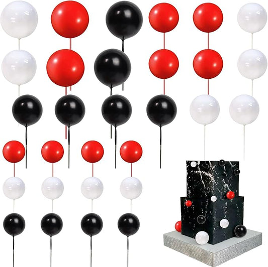 24 PCS Colorful Balls Cupake Toppers Mini Balloon Cake Toppers DIY Foam Ball Cake Insert Decoration for Wedding Anniversary Baby Shower Birthday Party Decorations Supplies Black White Red