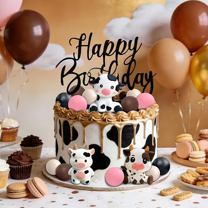 Cow Cake Topper, Happy Birthday Cake Decoration with Farm Animal Theme (black)
