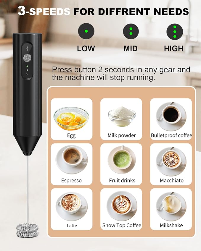 3-Speed Rechargeable Milk Frother Handheld, Dual Coil Whisk Coffee Frother Handheld - Portable Hand Frother Wand for Coffee Matcha Cappuccino & Hot Chocolate, Kitchen Gift, Black