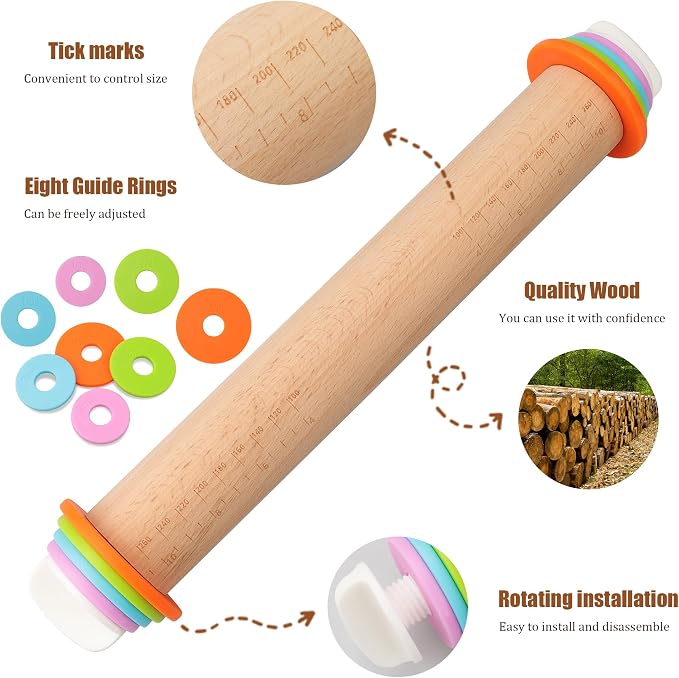 Adjustable Rolling Pin with Thickness Rings, Wood Dough Roller | natural beech wood, 8 plastic thickness rings, double-sided wooden stand, 17/14 inch, for pizza pasta cookies fondant clay