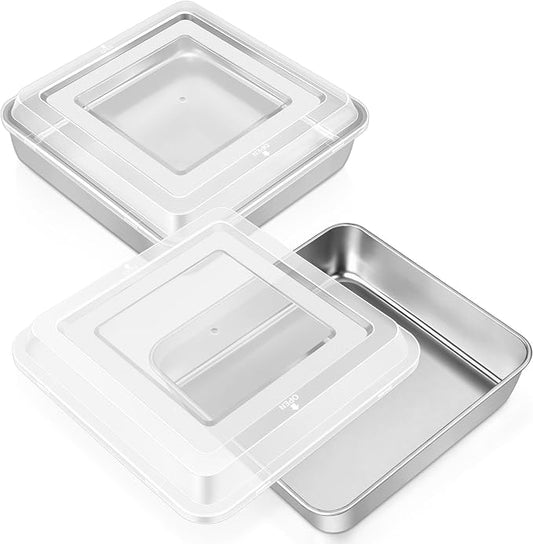 Leonyo Stainless Steel 9x9 Baking Pan with Lids, 2 Set 9IN x 9IN Metal Square Cake Pans with Lids, Commercial Brownie Pans Baking Dish for Lemon Bars, Dishwasher Safe(Except for Plastic Lids)