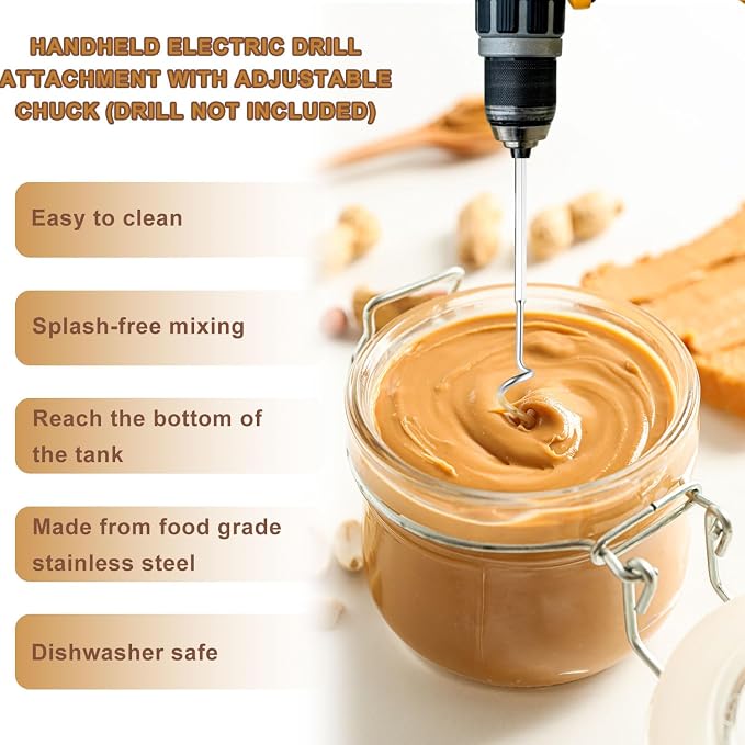 2pcs Peanut Butter Stirrers, 30cm/11.8in Stainless Steel Nut Butter Mixer Tool Drill Hand Mixers and Drills Accessory for Mixing Various Almond Peanut & Jam(Silver)