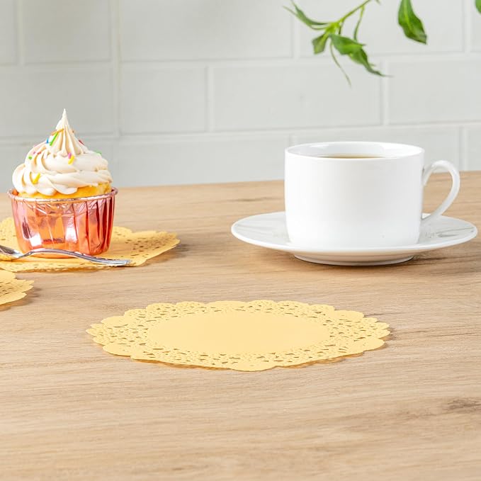 Pastry Tek 6 x 6 Inch Paper Lace Doilies, 100 Disposable Table Doilies - Elegant Lace Finish, Long Lasting, Orange Paper Doily, for Pastries, Cupcakes, Desserts - Restaurantware