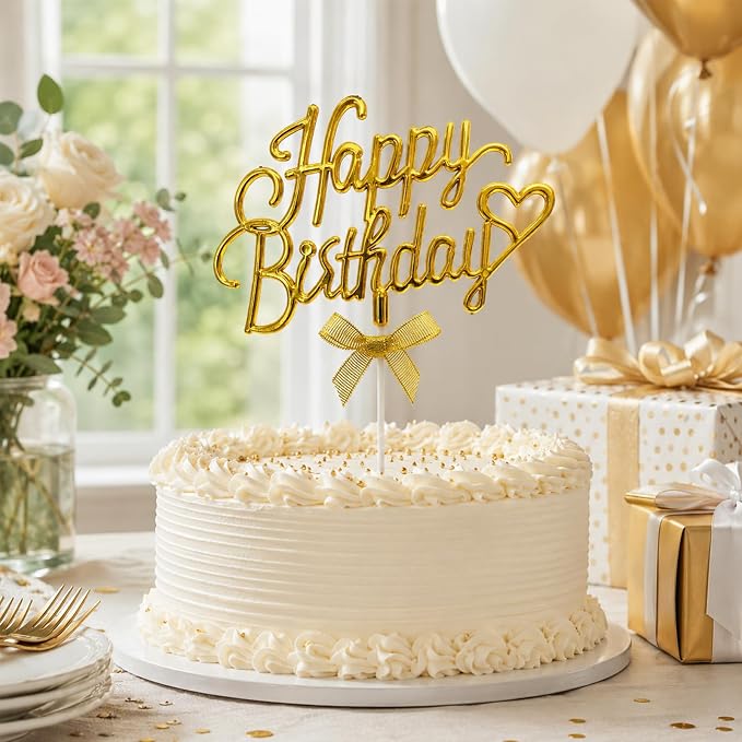 Gold Acrylic Happy Birthday Cake Topper with Heart and Bow | Glossy gold acrylic script withheart and bow adds an elegant finishing touch to birthday cakes and celebration desserts.
