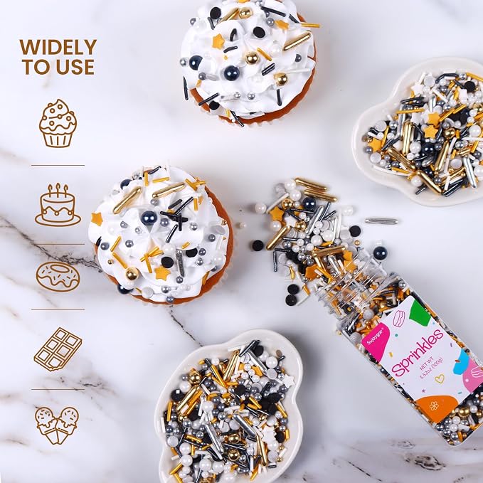 Black Sprinkles for Cake Decorating, 3.52oz Graduation Candy Sprinkles, Metallic Gold and Black Star Sprinkles for Cupcakes Baking Ice Cream Cookies, Wedding Birthday Party Decorations
