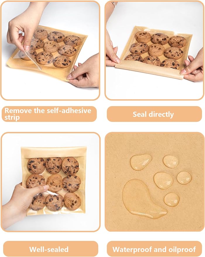 200 Self Sealing Sandwich Bags with Window, Paper Cookie Bags with Seal, Grease Resistant To Go Bakery Sleeves for Packaging Bagels, Donuts, Scone, Brownie, Small Pastries and other Treats