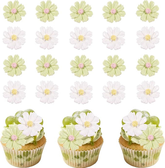 20Pcs Flowers Cupcake Toppers White-Green Flowers Cake Topper for Bridal Engagement Baby Shower Kids Birthday Wedding Anniversary Fairy Floral Party Table Decor