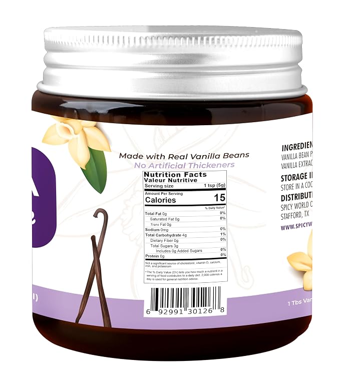 Spicy World Vanilla Bean Paste 4oz Jar - All Natural & Pure - Made with Organic Agave Syrup - For Cooking, Baking & Desserts - 100% Vegan & Kosher, Non-GMO & Gluten-Free - Glass Jar
