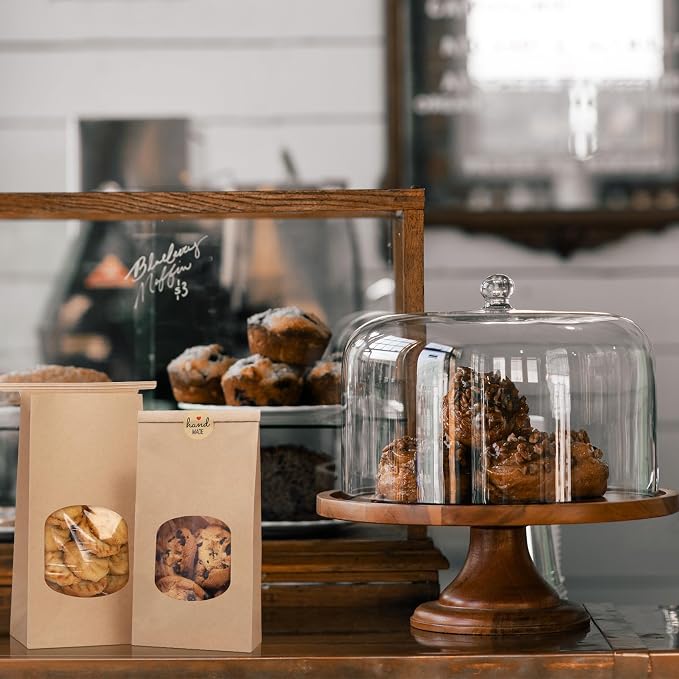 Eupako 4.5x2.36x9.6" Bakery Bags With Window - 50 PCS Brown Tin Tie Tab Lock Kraft Paper Bags for Cookies, Coffee - Includes 50 PCS Handmade Stickers
